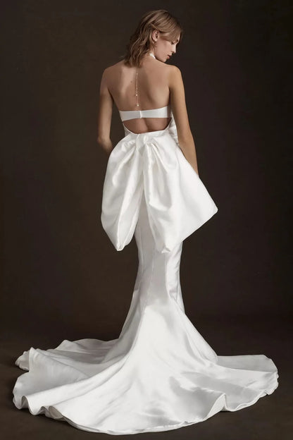 Chic Satin Mermaid Deep V-Neck Strapless Open Back Bow Floor-Length Wedding Dresses