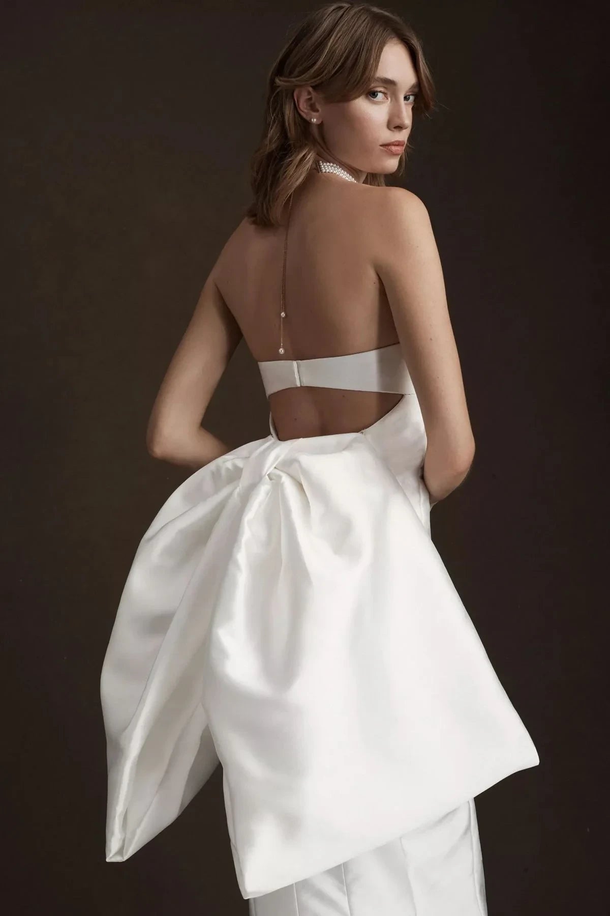 Chic Satin Mermaid Deep V-Neck Strapless Open Back Bow Floor-Length Wedding Dresses