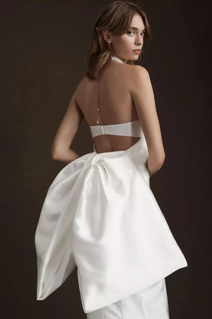 Chic Satin Mermaid Deep V-Neck Strapless Open Back Bow Floor-Length Wedding Dresses