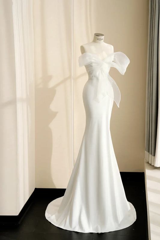 Chic Satin Mermaid Off-Shoulder Draped Zipper Back Floor-Length Wedding Dresses with Dramatic Bow