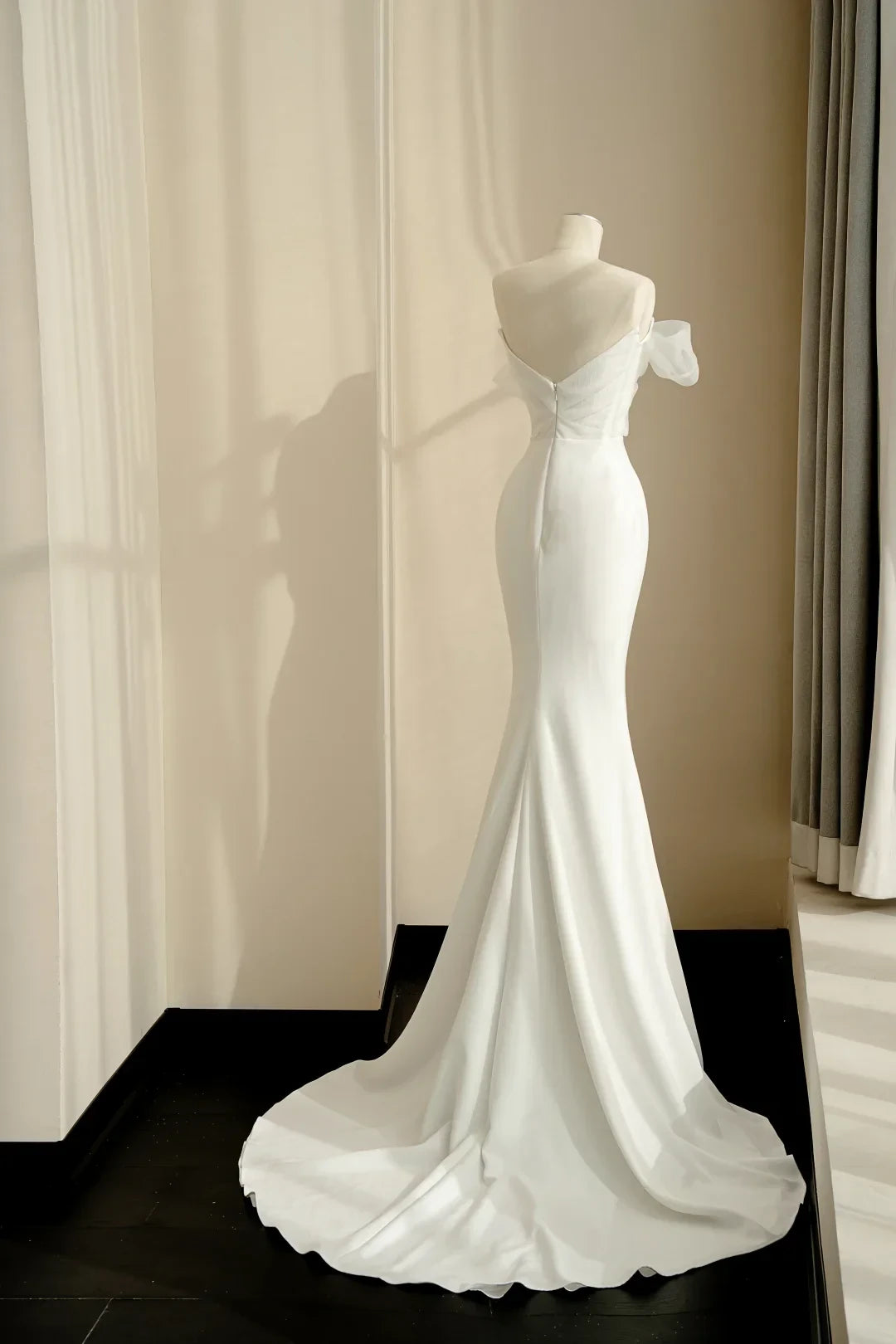 Chic Satin Mermaid Off-Shoulder Draped Zipper Back Floor-Length Wedding Dresses with Dramatic Bow