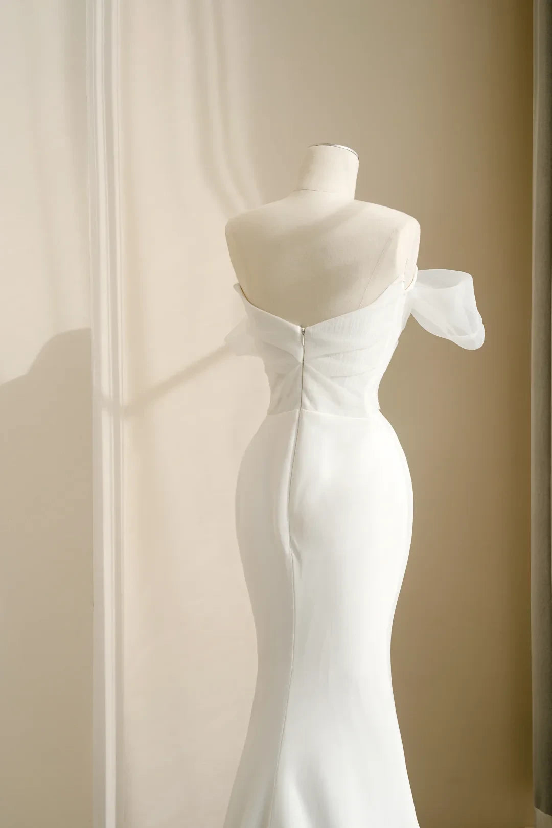Chic Satin Mermaid Off-Shoulder Draped Zipper Back Floor-Length Wedding Dresses with Dramatic Bow