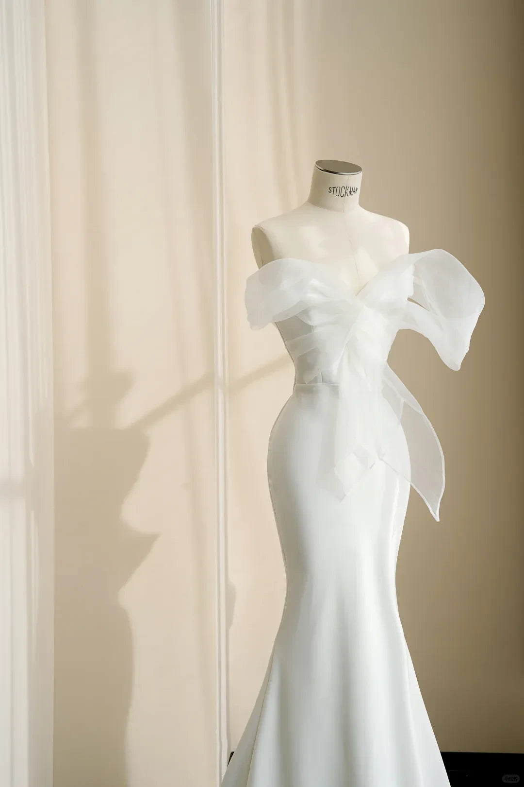 Chic Satin Mermaid Off-Shoulder Draped Zipper Back Floor-Length Wedding Dresses with Dramatic Bow