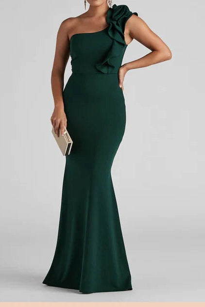 Chic Satin Mermaid One-Shoulder Sleeveless Simple Back Floor-Length Prom Dresses