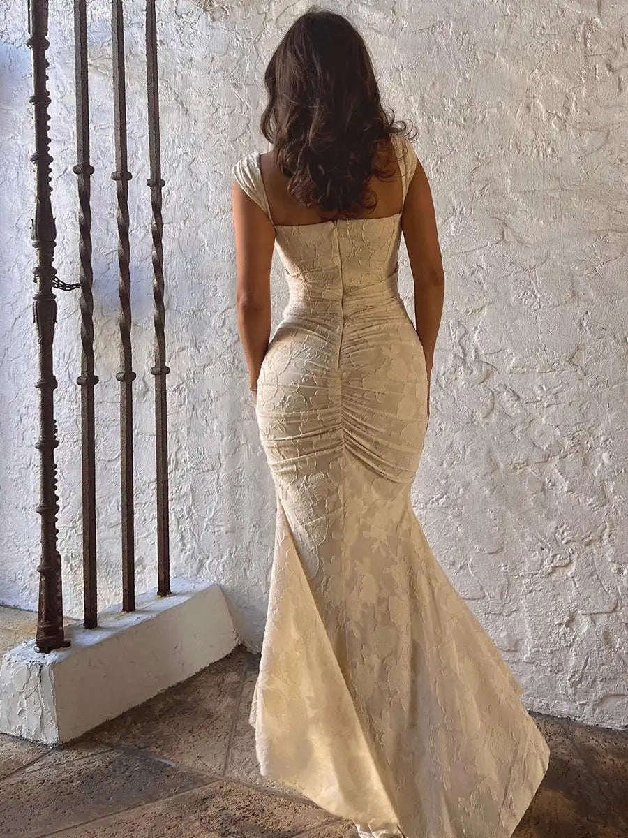 Chic Satin Mermaid Square Neck Cap Sleeve Ruched Zipper Back Floor-Length Evening Dresses