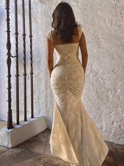 Chic Satin Mermaid Square Neck Cap Sleeve Ruched Zipper Back Floor-Length Evening Dresses