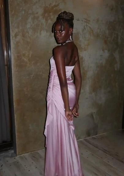 Chic Satin Mermaid Strapless Sleeveless Open Back Floor-Length Prom Dresses