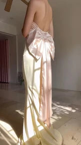Chic Satin Mermaid Strapless Sleeveless Open Back with Bow Floor-Length Prom Dresses