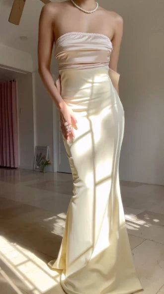 Chic Satin Mermaid Strapless Sleeveless Open Back with Bow Floor-Length Prom Dresses