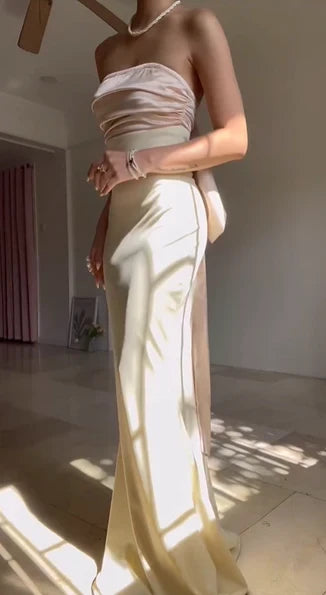 Chic Satin Mermaid Strapless Sleeveless Open Back with Bow Floor-Length Prom Dresses