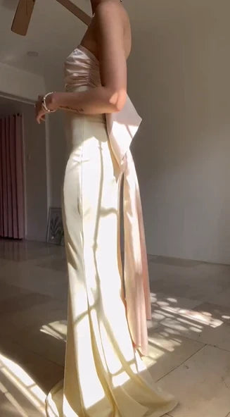 Chic Satin Mermaid Strapless Sleeveless Open Back with Bow Floor-Length Prom Dresses