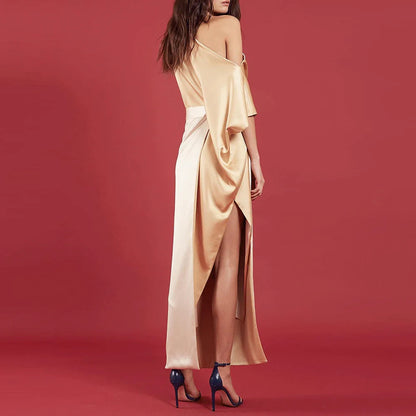 Chic Satin Sheath Asymmetric Cowl Neck One Shoulder Draped Floor-Length High Slit Evening Dress