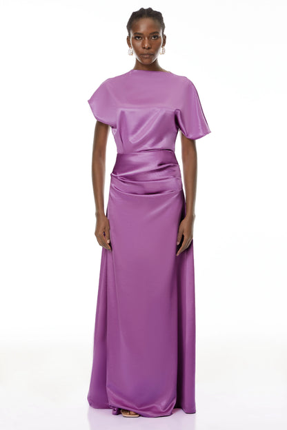 Chic Satin Sheath Boat Neck Dolman Sleeve Keyhole Back Floor-Length Evening Dresses