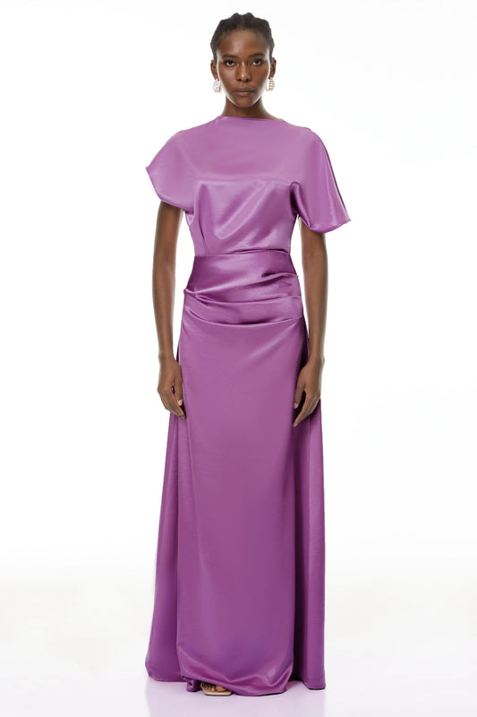 Elegant Satin Sheath Boat Neck Dolman Sleeve Keyhole Back Floor-Length Evening Dress