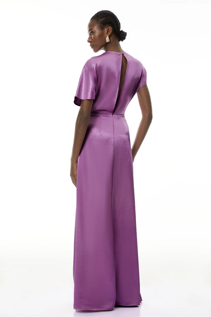 Chic Satin Sheath Boat Neck Dolman Sleeve Keyhole Back Floor-Length Evening Dresses