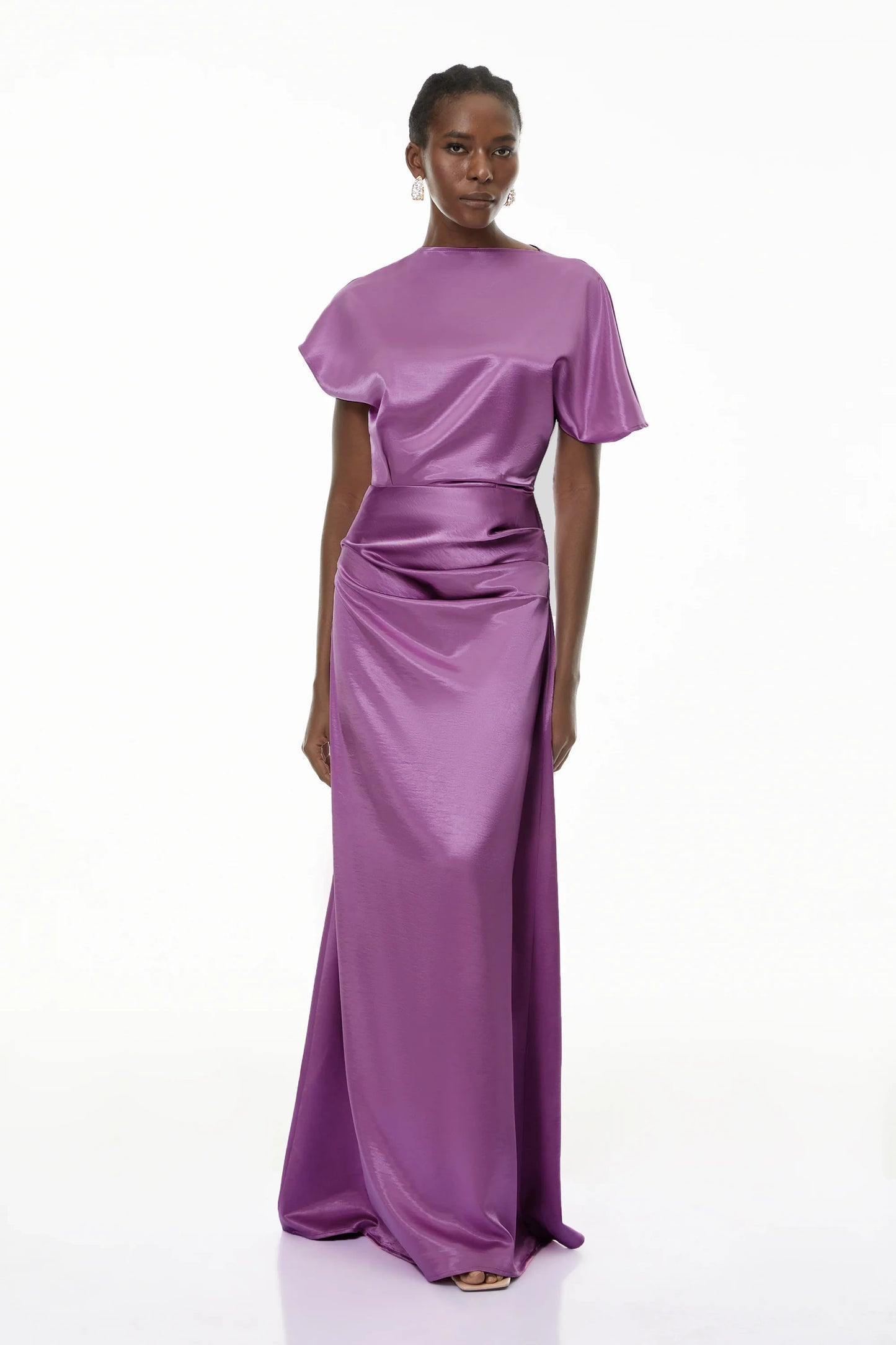 Chic Satin Sheath Boat Neck Dolman Sleeve Keyhole Back Floor-Length Evening Dresses