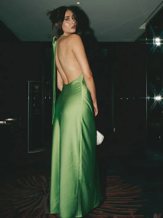 Chic Satin Sheath Cowl Neck Halter Sleeveless Open Back Floor-Length Prom Dresses