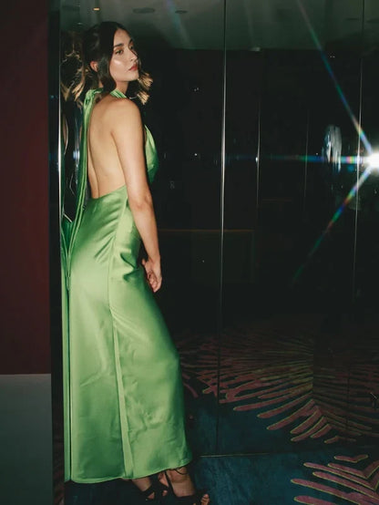 Chic Satin Sheath Cowl Neck Halter Sleeveless Open Back Floor-Length Prom Dresses