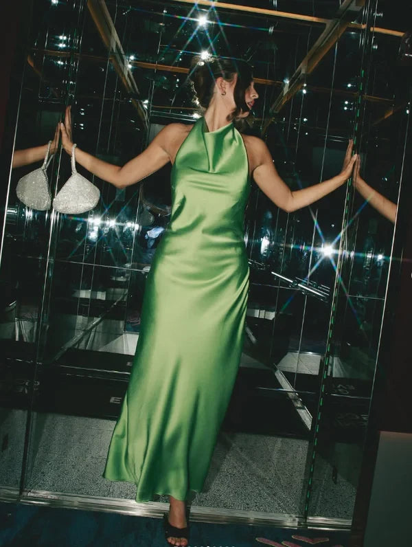 Chic Satin Sheath Cowl Neck Halter Sleeveless Open Back Floor-Length Prom Dresses