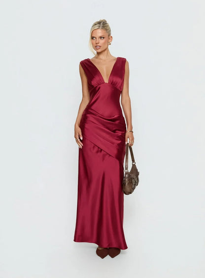 Chic Satin Sheath Deep V-Neck Sleeveless Low Back Floor-Length Prom Dresses