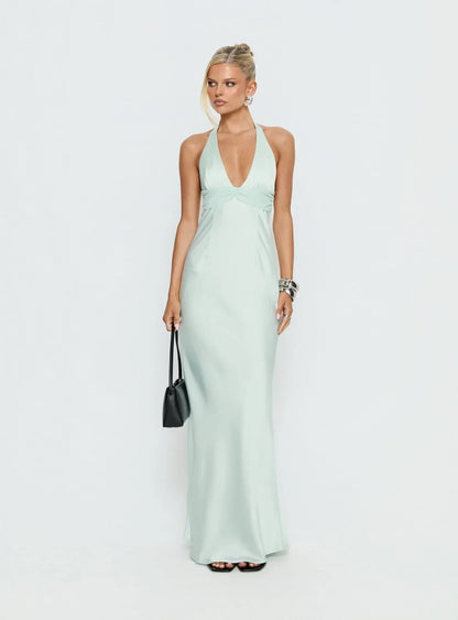 Chic Satin Sheath Halter Deep V-Neck Sleeveless Open Back Floor-Length Prom Dresses