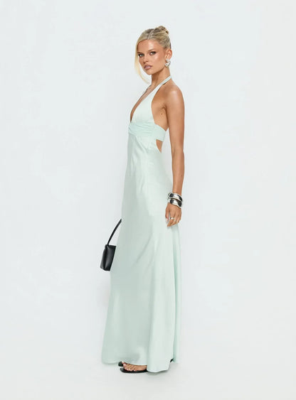 Chic Satin Sheath Halter Deep V-Neck Sleeveless Open Back Floor-Length Prom Dresses