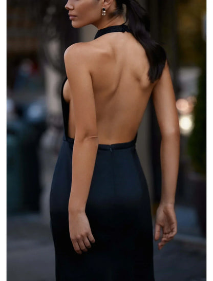 Chic Satin Sheath Halter Neck Sleeveless Backless Floor-Length High Slit Evening Dresses