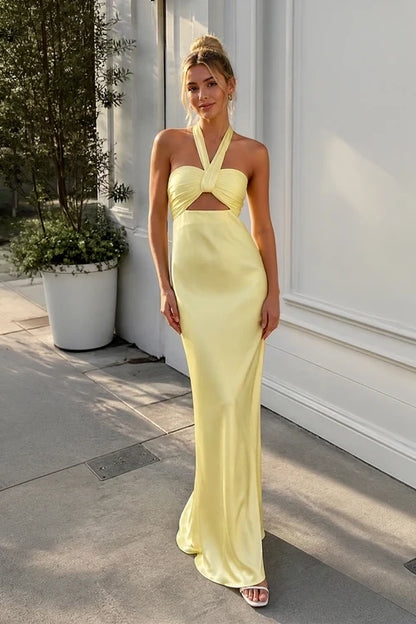 Chic Satin Sheath Halter Neck Sleeveless Lace-Up Open Back Floor-Length Evening Dresses