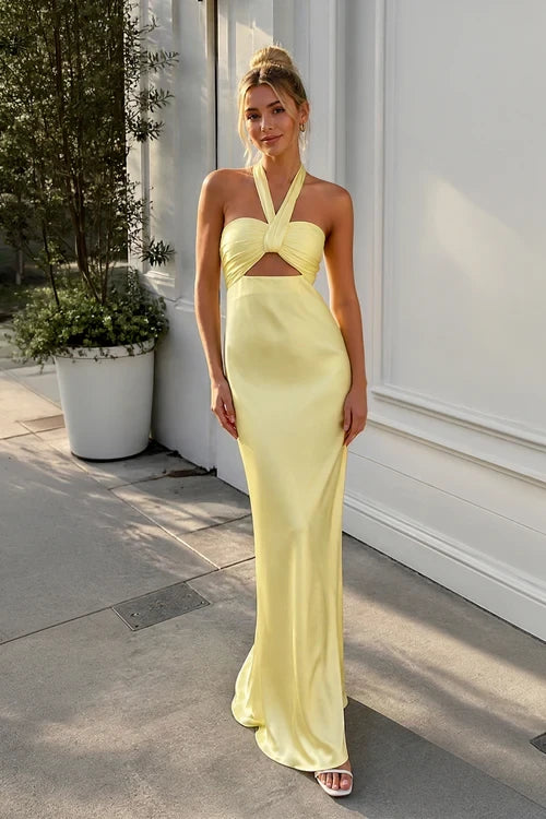 Chic Satin Sheath Halter Neck Sleeveless Lace-Up Open Back Floor-Length Evening Dresses
