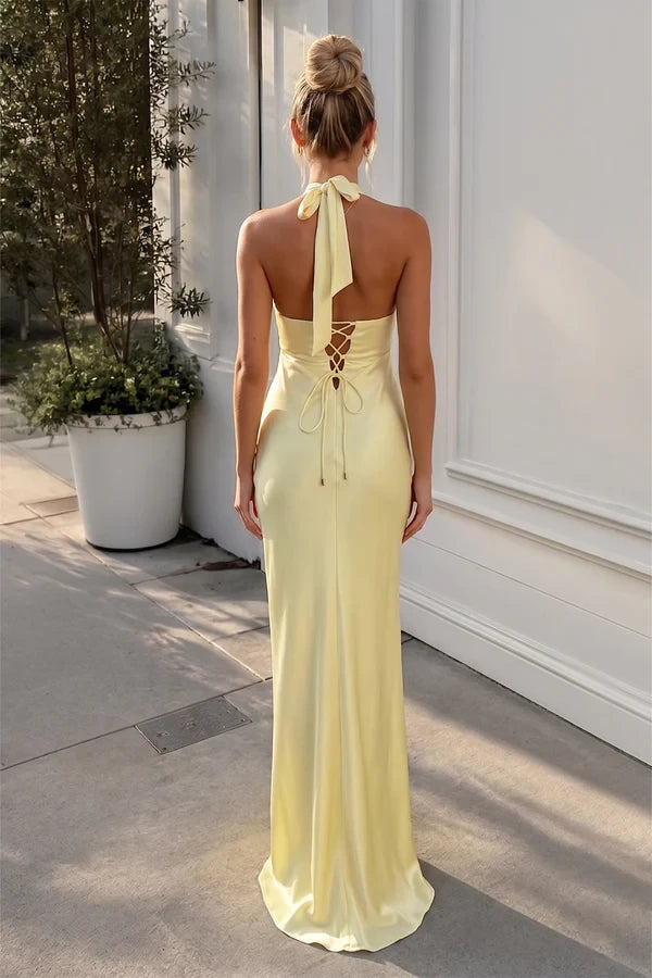 Chic Satin Sheath Halter Neck Sleeveless Lace-Up Open Back Floor-Length Evening Dresses