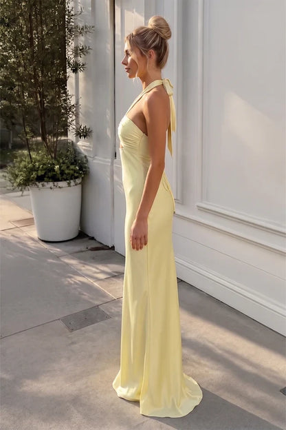 Chic Satin Sheath Halter Neck Sleeveless Lace-Up Open Back Floor-Length Evening Dresses