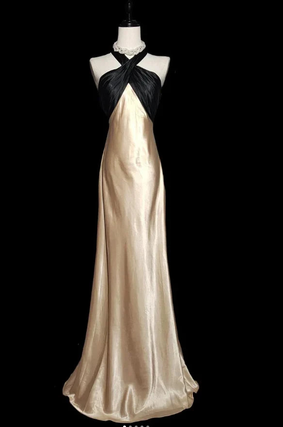 Chic Satin Sheath Halter Sleeveless Open Back Bow Floor-Length Prom Dresses