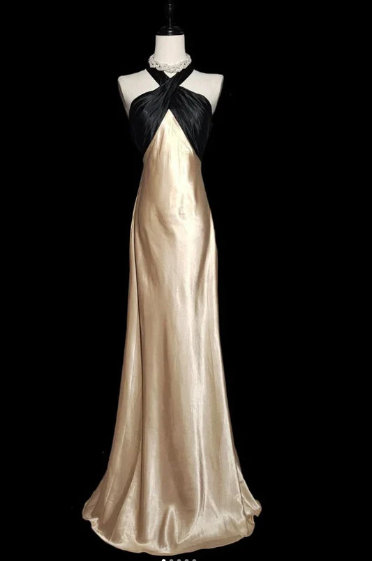 Chic Satin Sheath Halter Sleeveless Open Back Bow Floor-Length Prom Dresses
