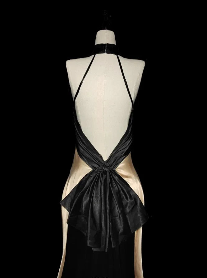 Chic Satin Sheath Halter Sleeveless Open Back Bow Floor-Length Prom Dresses