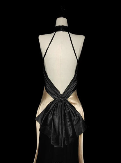Chic Satin Sheath Halter Sleeveless Open Back Bow Floor-Length Prom Dresses