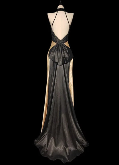 Chic Satin Sheath Halter Sleeveless Open Back Bow Floor-Length Prom Dresses