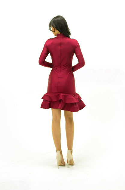 Chic Satin Sheath High Neck Keyhole Long Sleeve High Back Short Ruffled Homecoming Dresses