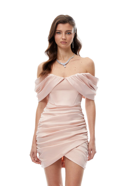 Chic Satin Sheath Off-Shoulder Sweetheart Off-Shoulder Zipper Back Mini Homecoming Dresses