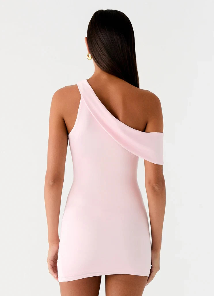 Chic Satin Sheath One-Shoulder Draped Neckline Sleeveless Fitted Back Mini Length Homecoming Dresses