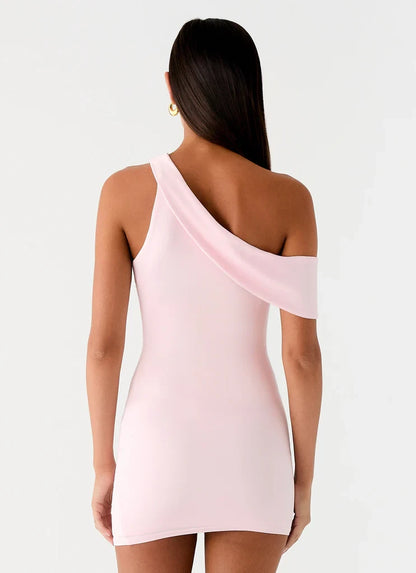 Chic Satin Sheath One-Shoulder Draped Neckline Sleeveless Fitted Back Mini Length Homecoming Dresses