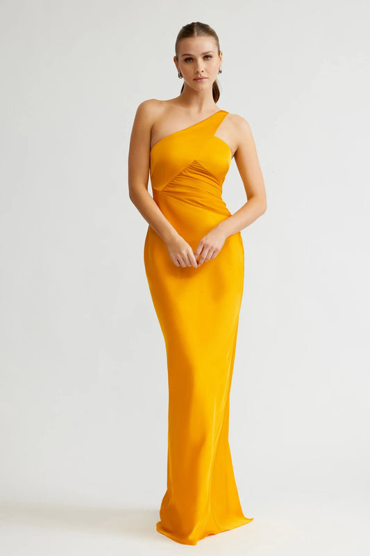 Chic Satin Sheath One-Shoulder Sleeveless Zipper Back with Slit Floor-Length Evening Dresses