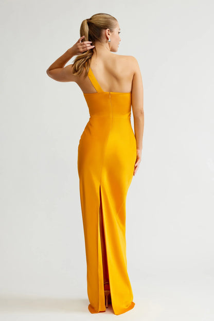 Chic Satin Sheath One-Shoulder Sleeveless Zipper Back with Slit Floor-Length Evening Dresses