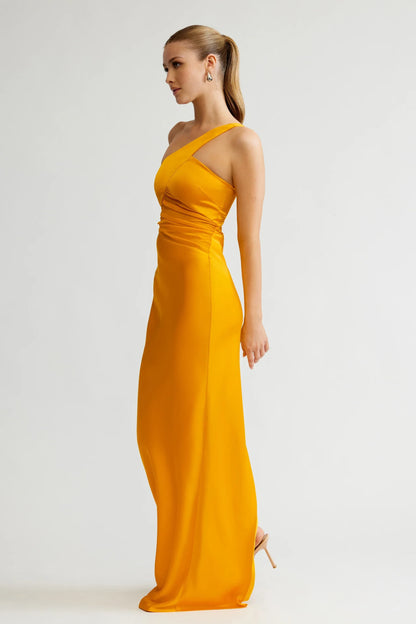 Chic Satin Sheath One-Shoulder Sleeveless Zipper Back with Slit Floor-Length Evening Dresses