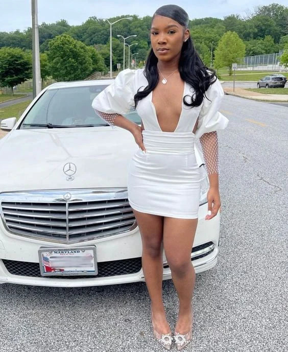 Chic Satin Sheath Plunging V-Neck Puff Sleeve Mesh Open Back Mini Homecoming Dress