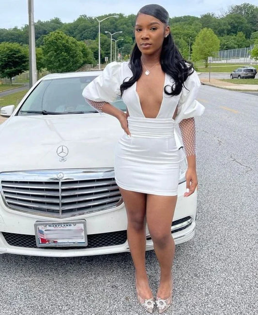 Chic Satin Sheath Plunging V-Neck Puff Sleeve Mesh Open Back Mini Homecoming Dress