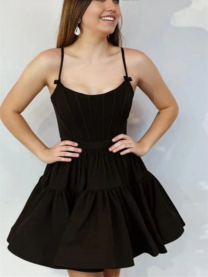 Chic Satin Sheath Plunging V-neck Spaghetti Strap Lace-up Back Mini Homecoming Dresses