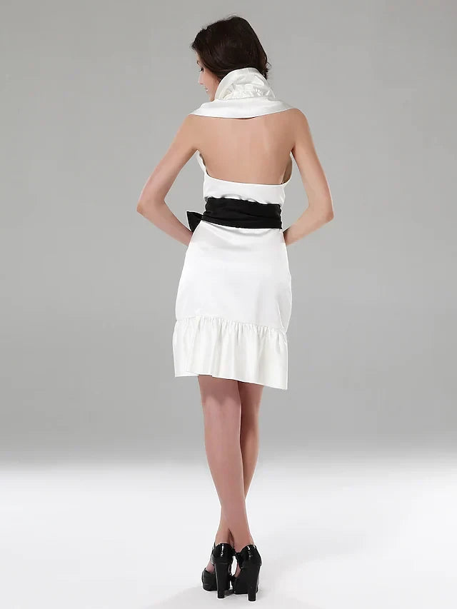 Chic Satin Sheath Ruffled Cowl Neck Sleeveless Low Open Back Mini Homecoming Dresses with Black Sash