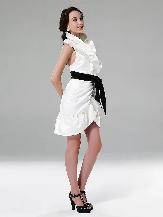 Chic Satin Sheath Ruffled Cowl Neck Sleeveless Low Open Back Mini Homecoming Dresses with Black Sash