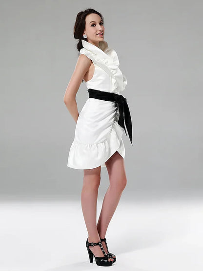 Chic Satin Sheath Ruffled Cowl Neck Sleeveless Low Open Back Mini Homecoming Dresses with Black Sash