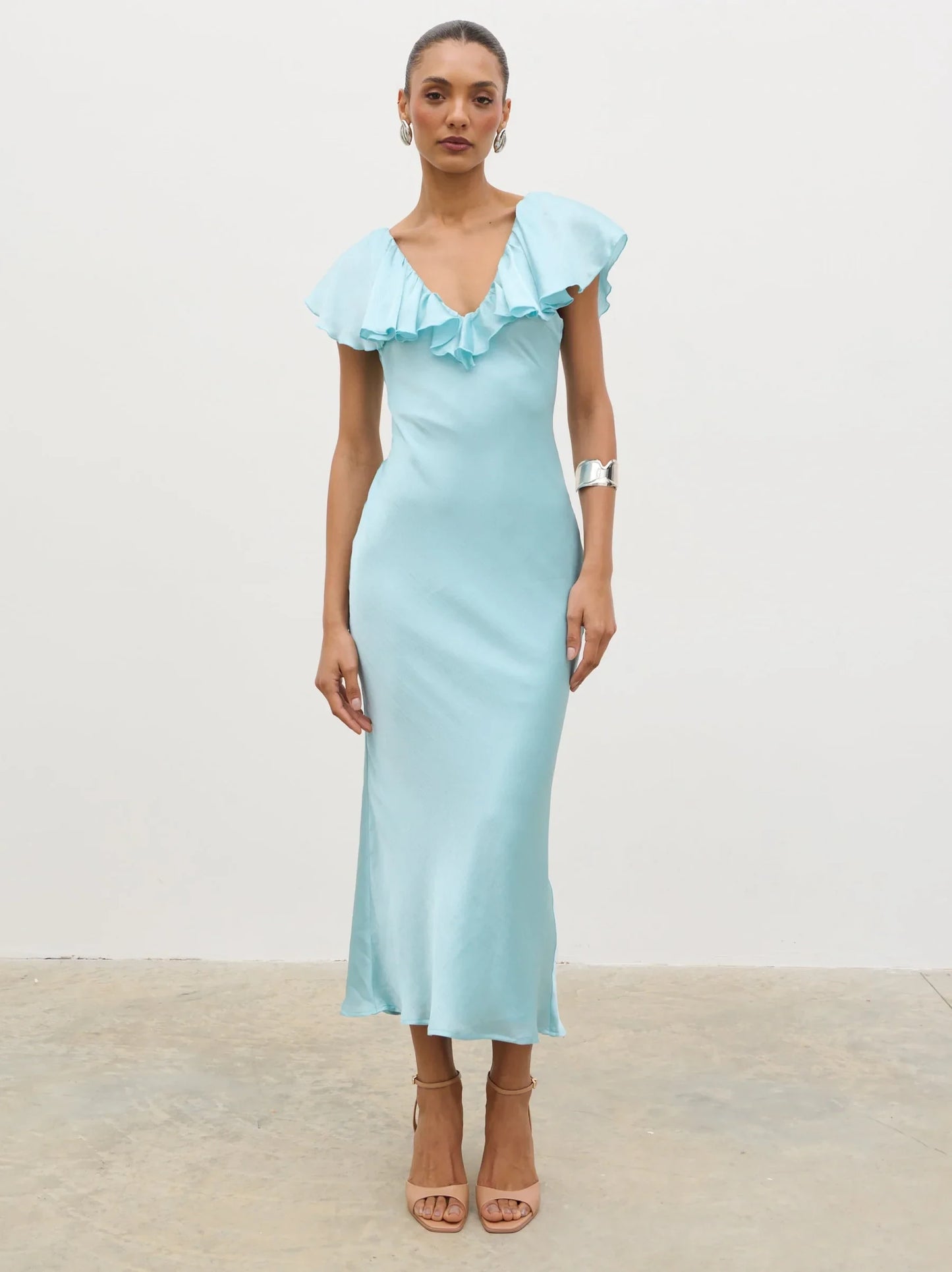 Chic Satin Sheath Ruffled V-Neck Cap Sleeve V-Back Midi Prom Dresses